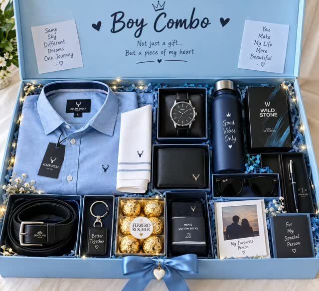 Curated men's gift hamper in a blue box with clothing, accessories, and chocolates.