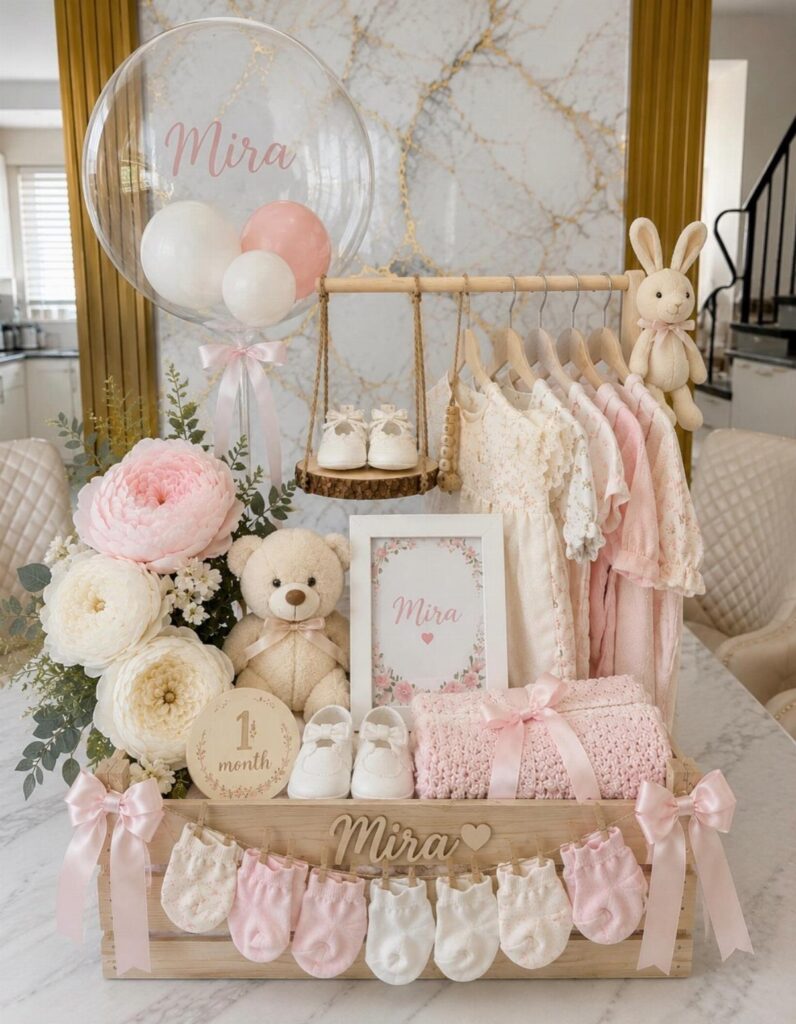 Baby gift crate with pink clothes, plush toys, flowers, and a personalized balloon.