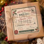 Wrapped brown gift box with North Pole label surrounded by Christmas greenery and lights