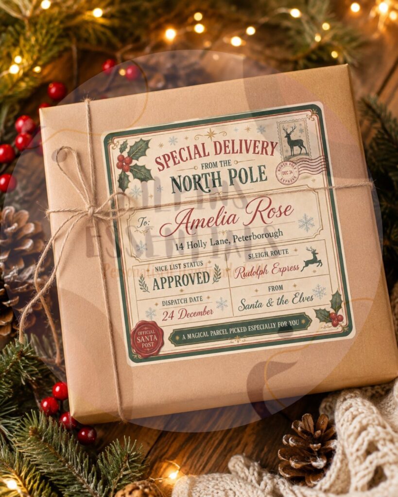 Wrapped brown gift box with North Pole label surrounded by Christmas greenery and lights