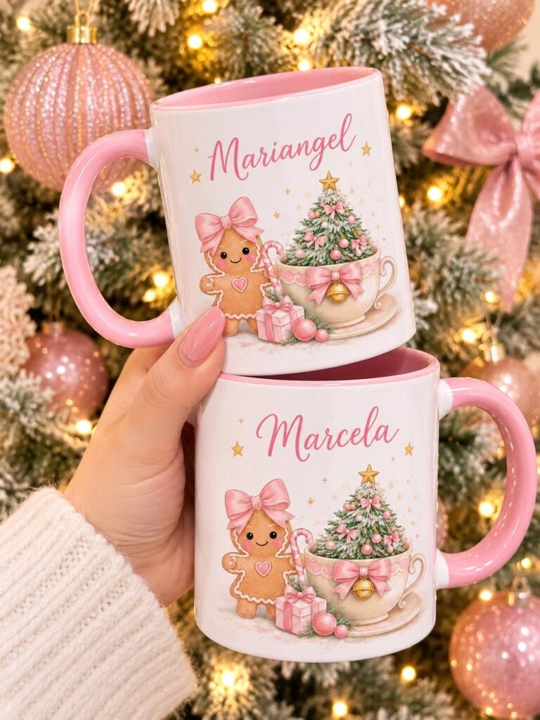 Two personalized white and pink Christmas mugs held in front of a decorated tree.