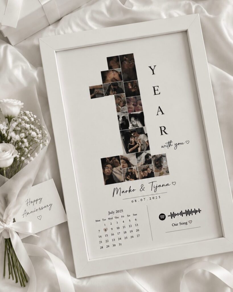 Personalized anniversary frame with photo collage, calendar, and a song waveform on satin.