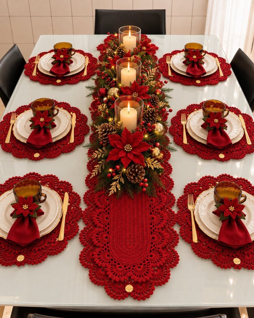 Christmas table setting with red crocheted linens, gold cutlery, and a candlelit greenery runner.