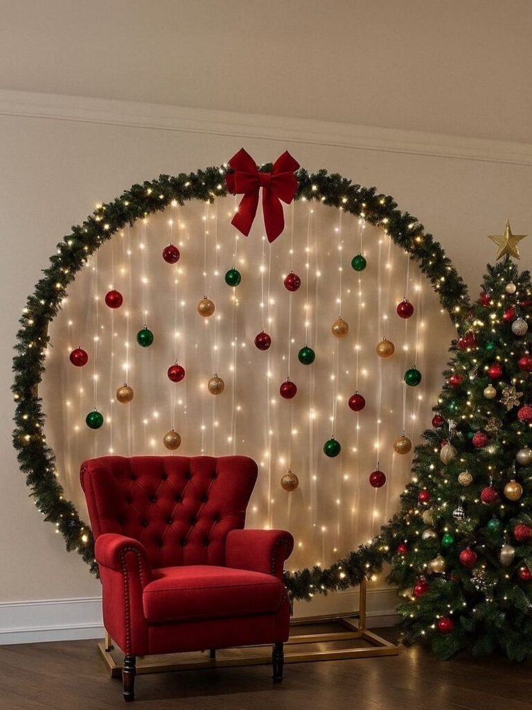 Red armchair in front of a circular garland backdrop with hanging Christmas ornaments