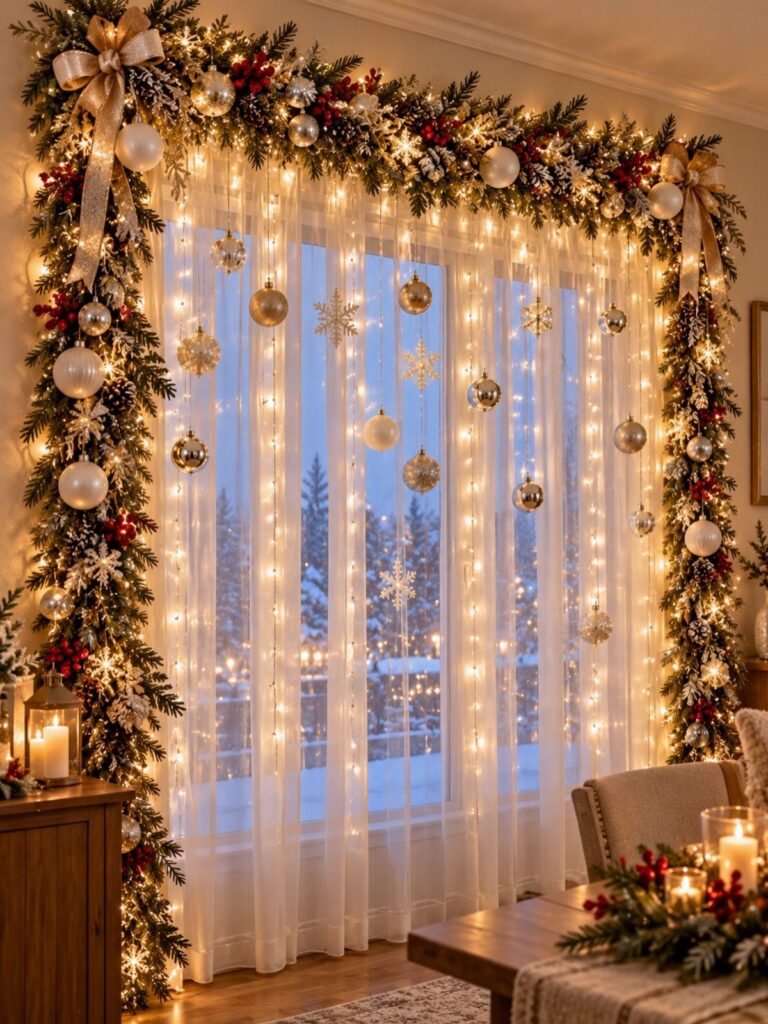 Christmas window decorations featuring a lit evergreen garland and hanging gold ornaments.