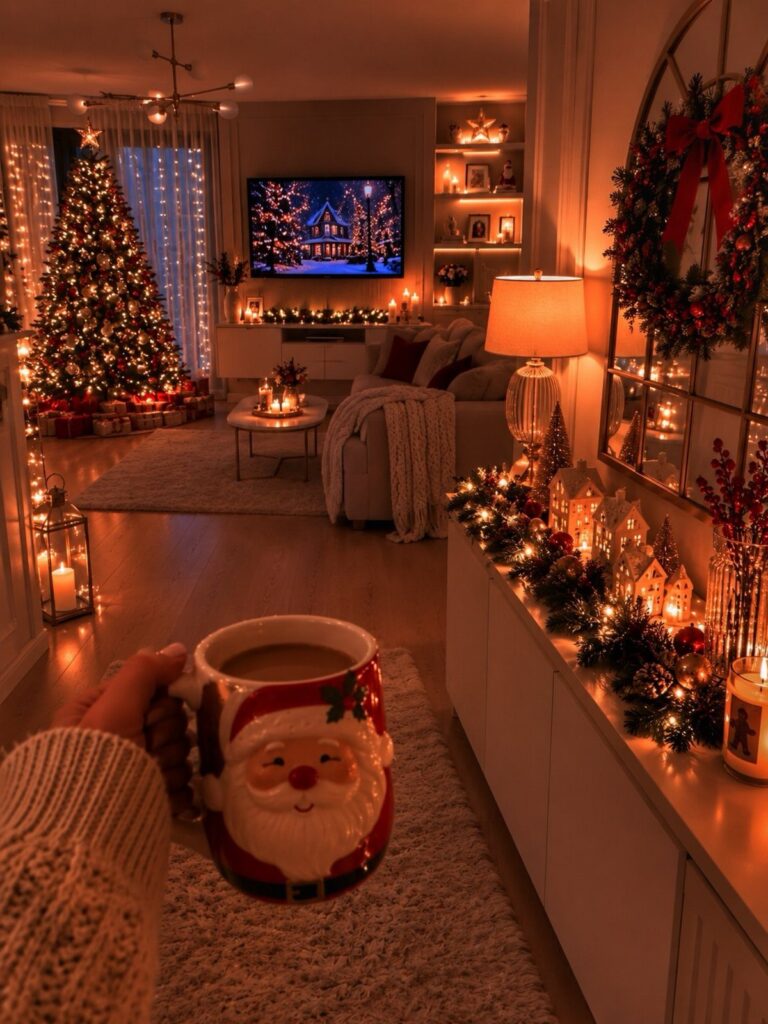 Cozy living room with a lit Christmas tree, festive wreath, and Santa mug.