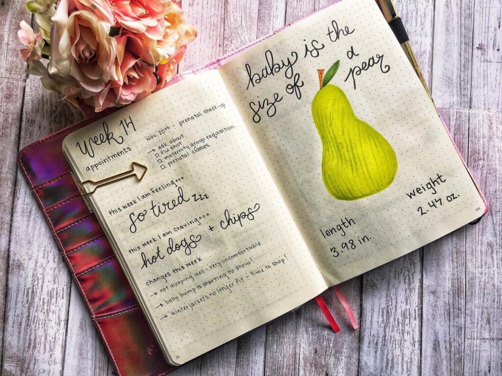 Open pregnancy journal with handwritten notes and a drawing of a yellow pear.