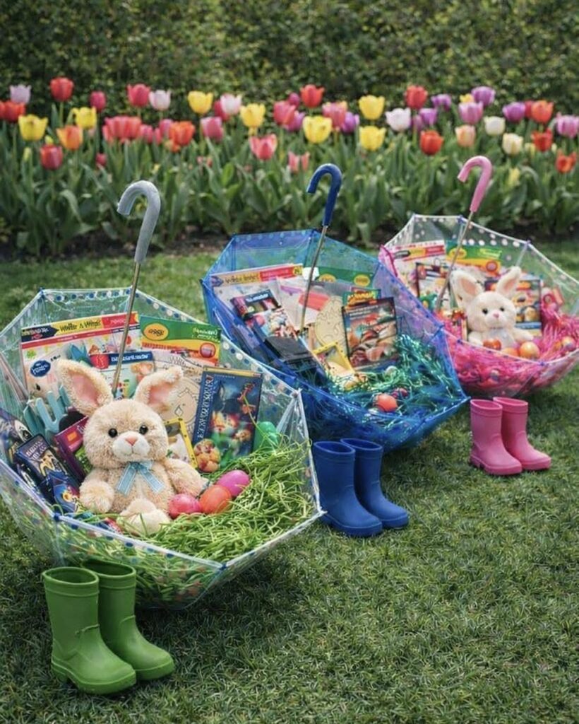 Three colorful Easter gift baskets filled with toys and bunnies on a grassy lawn