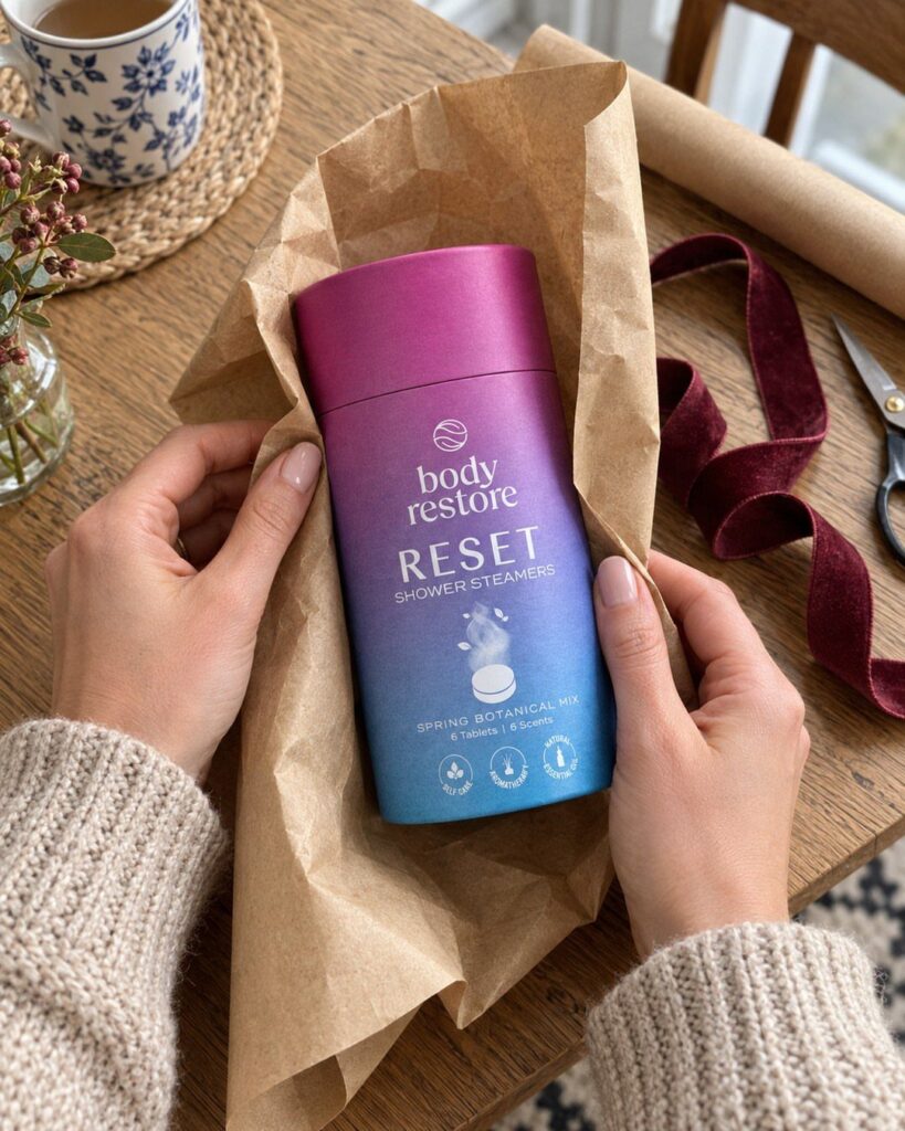 Body Restore shower steamers canister inside a brown paper gift bag on wooden table
