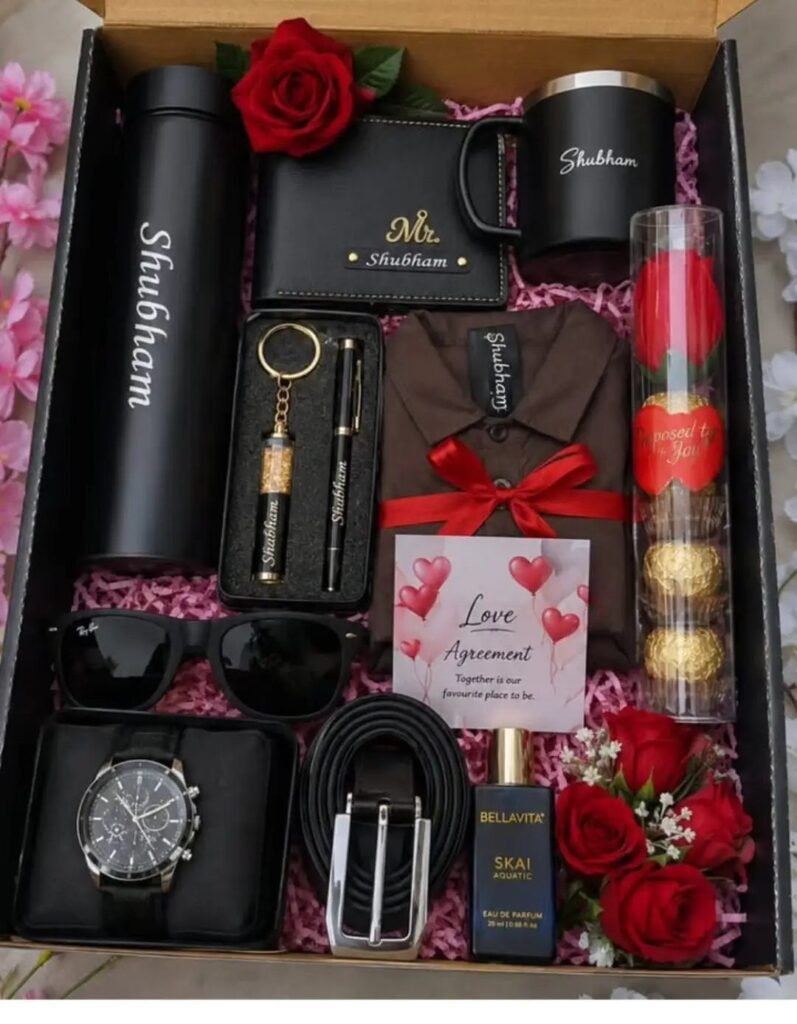 Personalized men's gift hamper with watch, wallet, and roses in a black box.