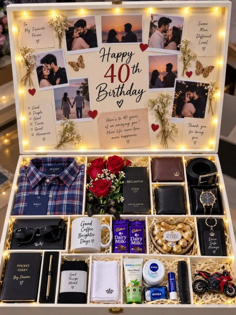 Open white gift box filled with men's accessories, clothing, and personalized birthday photos.