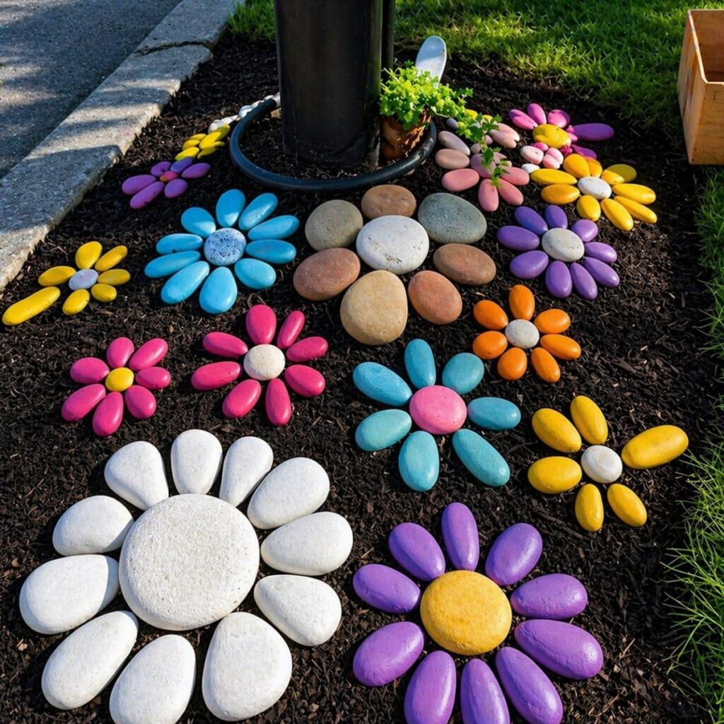 Painted stones arranged as colorful flowers on dark garden soil near green grass