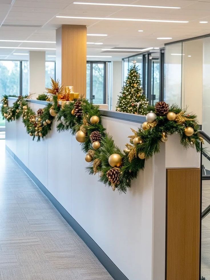 Office reception desk decorated with a gold and green Christmas garland and tree.