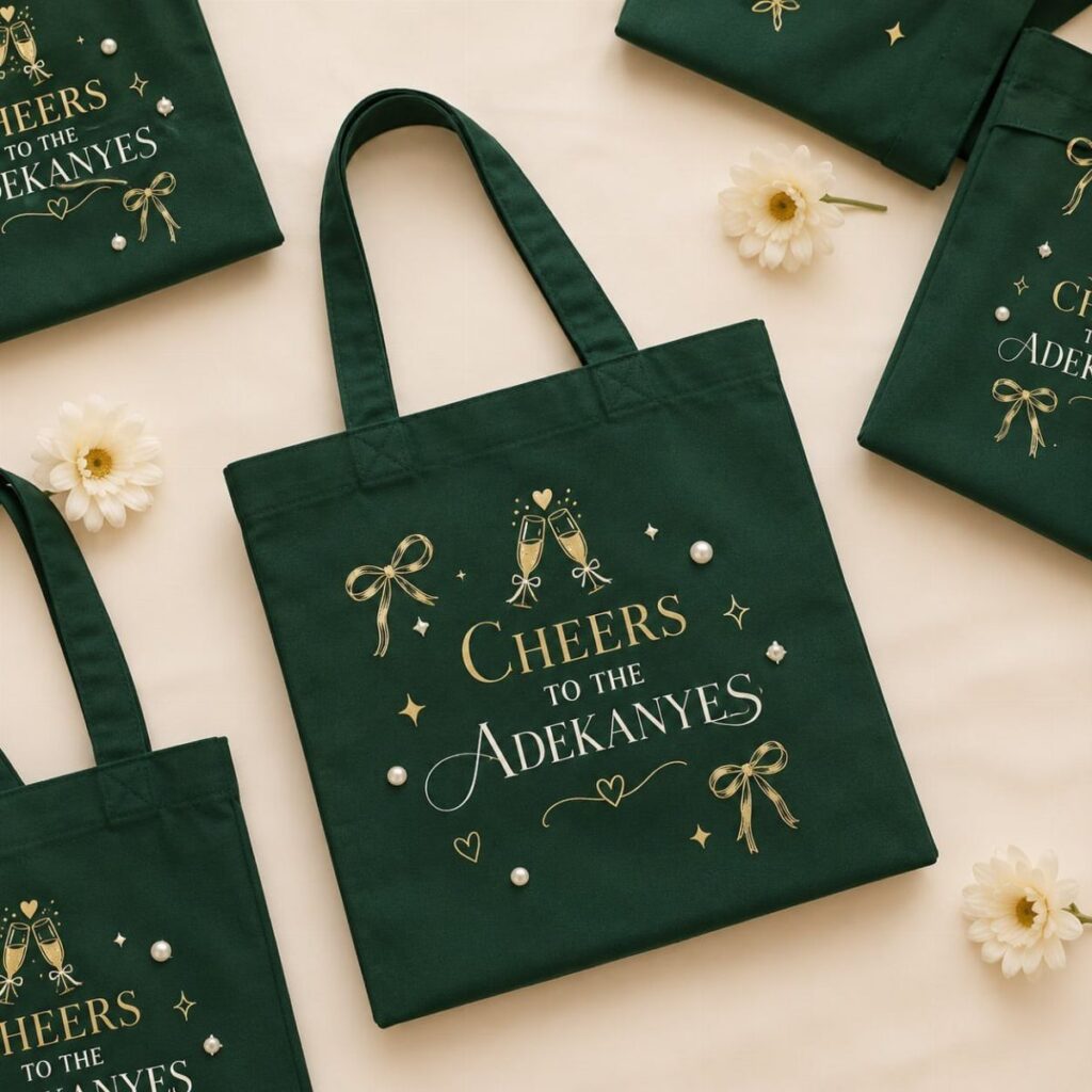Dark green canvas tote bags with gold wedding text and white pearl accents.