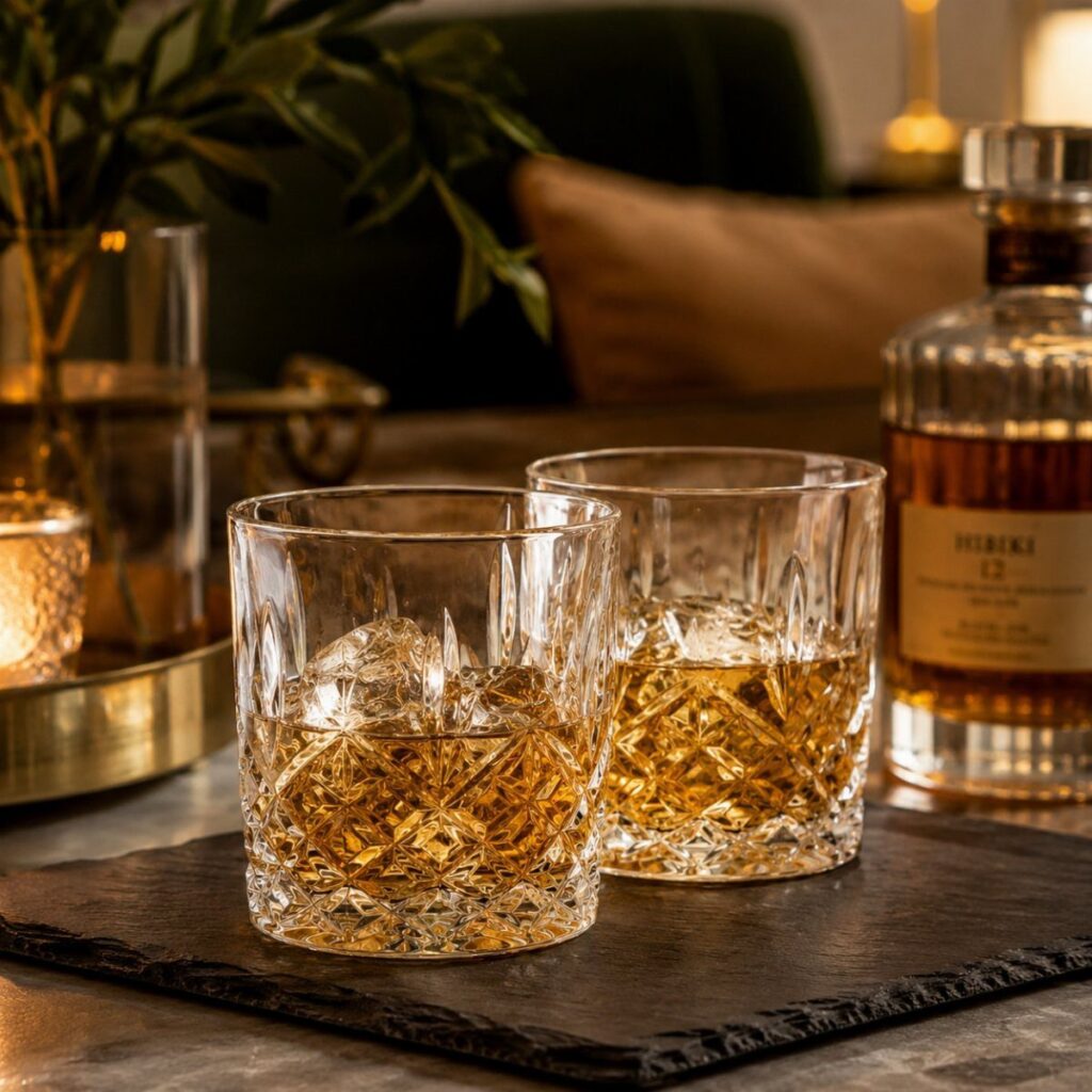Two crystal whiskey glasses with ice on a black slate coaster next to whiskey.