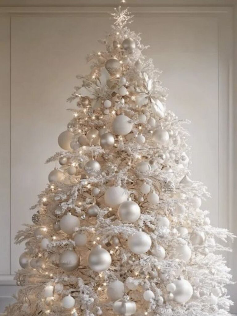 White Christmas tree decorated with white and silver ornaments and warm fairy lights.