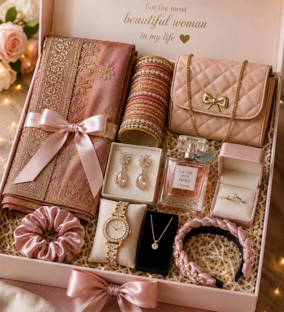 Pink gift box containing a rose-gold saree, jewelry, handbag, and beauty accessories.